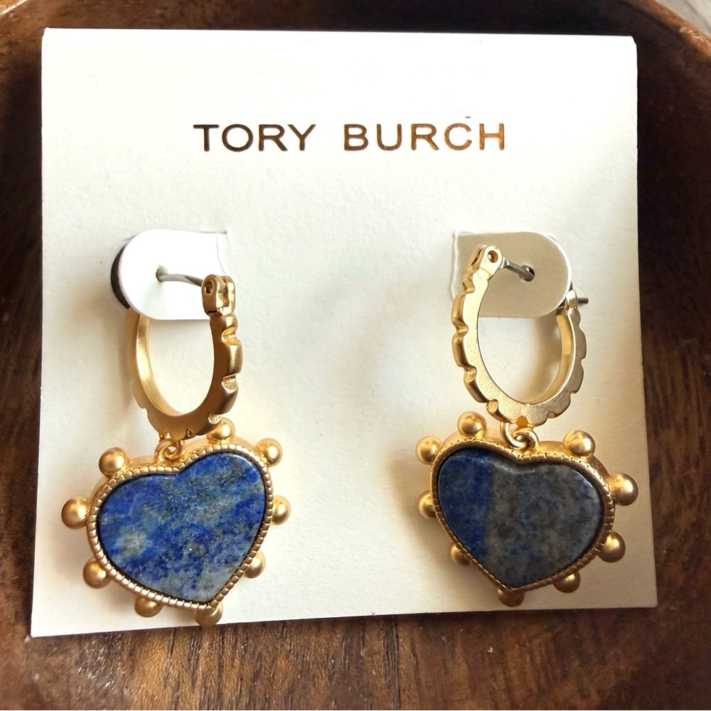 New Tory Burch Blue Gold Tone Heart Lapis Drop Earrings